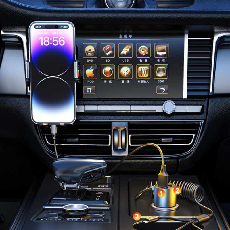 WEKOME WP-C44 Pop Digital Series - Car charger with integrated 3-in-1 USB-C / Lightning / Micro USB + 2x USB-A 33W cable (Black)