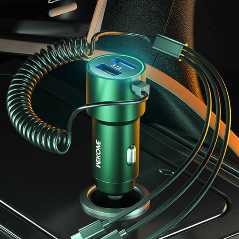 WEKOME WP-C44 Pop Digital Series - Car charger with integrated 3-in-1 USB-C / Lightning / Micro USB + 2x USB-A 33W cable (Black)