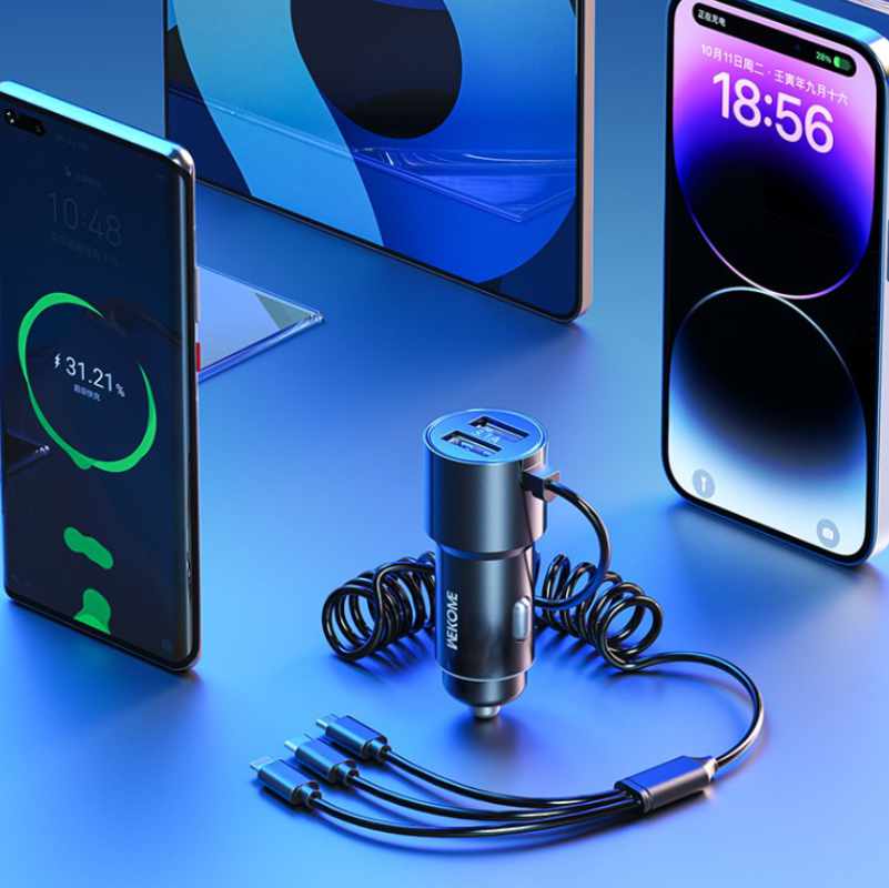 WEKOME WP-C44 Pop Digital Series - Car charger with integrated 3-in-1 USB-C / Lightning / Micro USB + 2x USB-A 33W cable (Black)