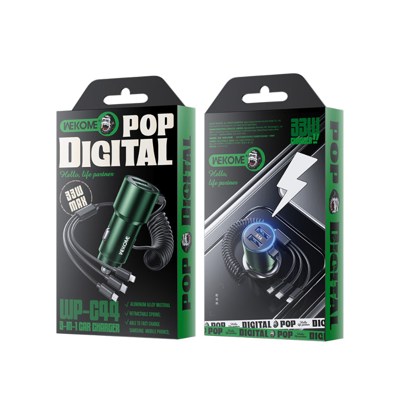 WEKOME WP-C44 Pop Digital Series - Car charger with integrated 3-in-1 USB-C / Lightning / Micro USB + 2x USB-A 33W cable (Black)