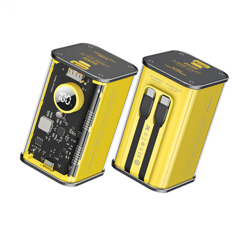 WEKOME WP-347 Vanguard-Serie – Powerbank 20000 mAh, superschnelles Laden mit integriertem USB-C PD 20 W und Lightning + USB-A QC3.0 22,5 W Kabel (Gelb)