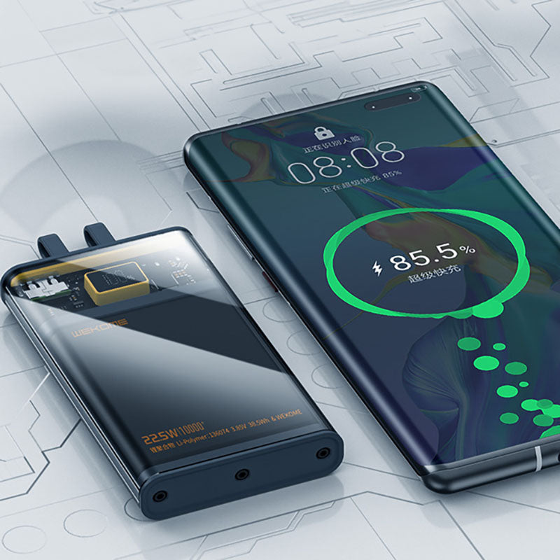WEKOME WP-323 Vanguard Series – Powerbank 10000 mAh Super Charging mit integriertem USB-C- und Lightning-Kabel PD 20 W + QC 22,5 W (Schwarz/Transparent)