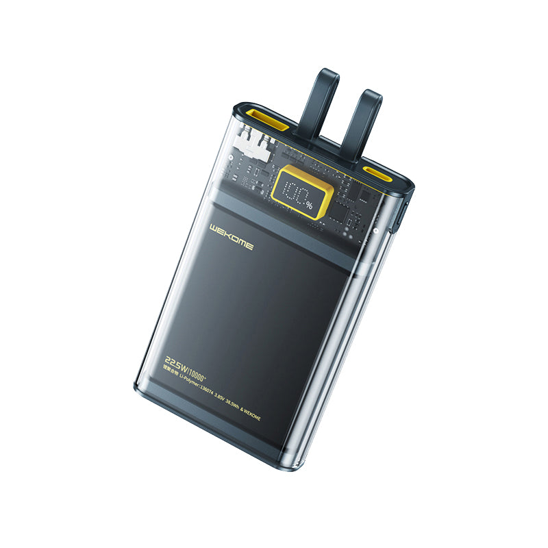 WEKOME WP-323 Vanguard Series – Powerbank 10000 mAh Super Charging mit integriertem USB-C- und Lightning-Kabel PD 20 W + QC 22,5 W (Schwarz/Transparent)