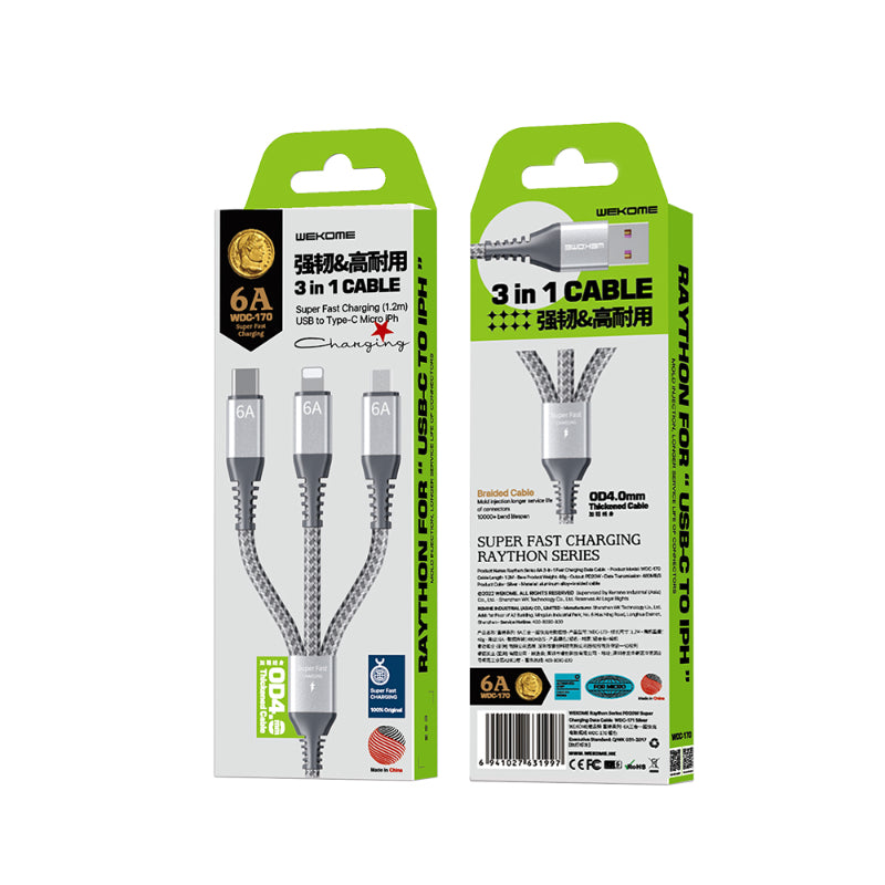 WEKOME WDC-170 Raython-Serie – 3-in-1 USB-A auf USB-C + Lightning + Micro USB 1,2 m Schnelllade-PD-Kabel (Silber)