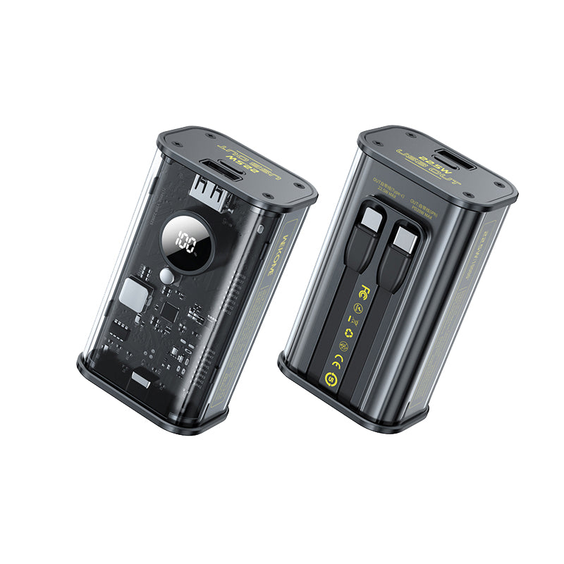 WEKOME WP-345 Vanguard-Serie – Powerbank 10000 mAh, Schnellladung mit integriertem USB-C und Lightning PD 20 W Kabel + QC 22,5 W (schwarz)
