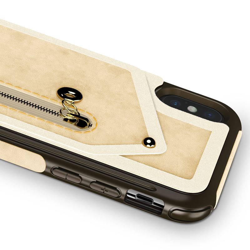 Zizo Nebula Wallet Case – Brieftaschenrückseite und Reißverschlusstasche mit Displayschutzfolie aus gehärtetem Glas für iPhone X (Hellbraun/Braun)