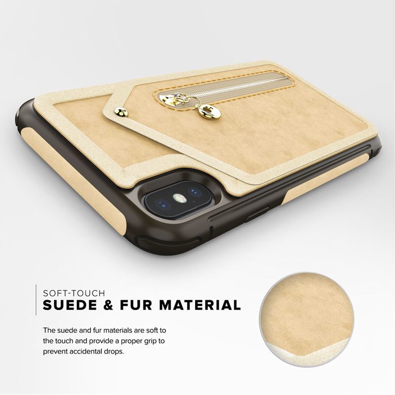 Zizo Nebula Wallet Case – Brieftaschenrückseite und Reißverschlusstasche mit Displayschutzfolie aus gehärtetem Glas für iPhone X (Hellbraun/Braun)