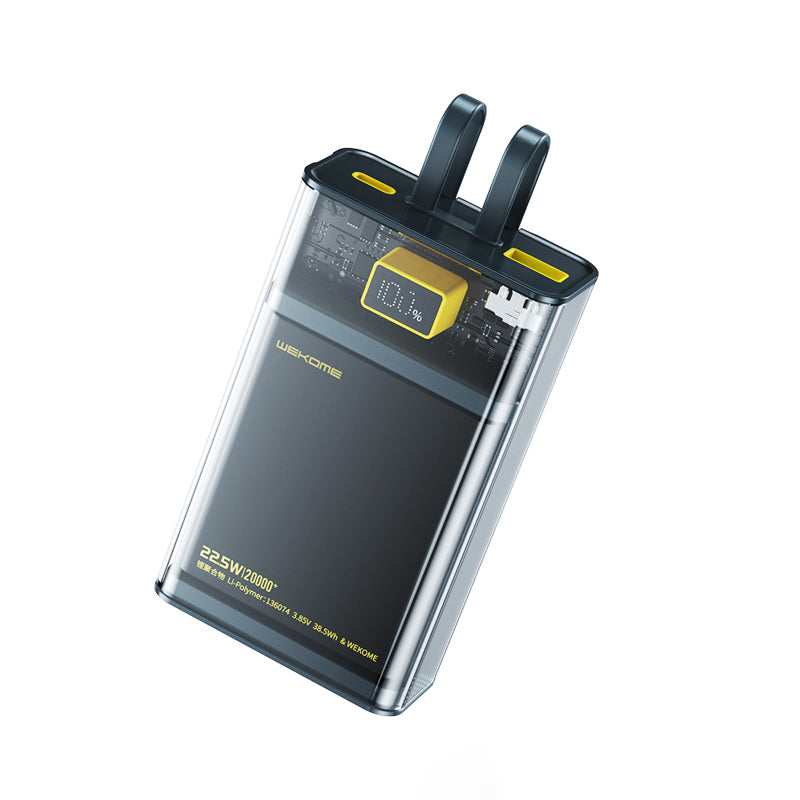 WEKOME WP-325 Vanguard Series – Powerbank 20000 mAh Super Charging mit integriertem USB-C & Lightning PD 20W Kabel + QC 22,5W (Schwarz / Transparent)