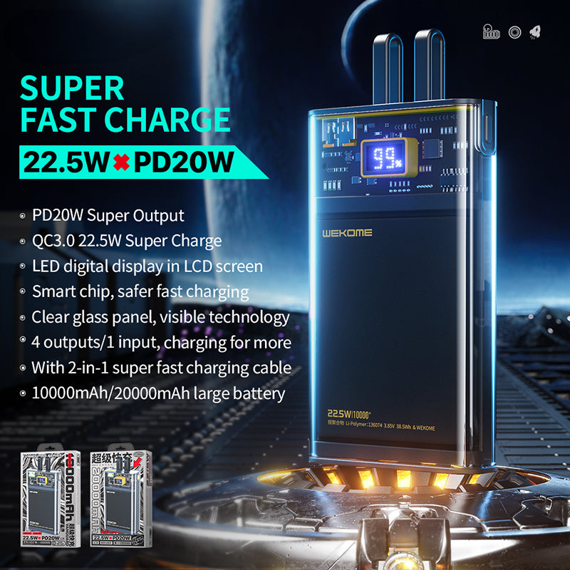WEKOME WP-325 Vanguard Series – Powerbank 20000 mAh Super Charging mit integriertem USB-C & Lightning PD 20W Kabel + QC 22,5W (Schwarz / Transparent)