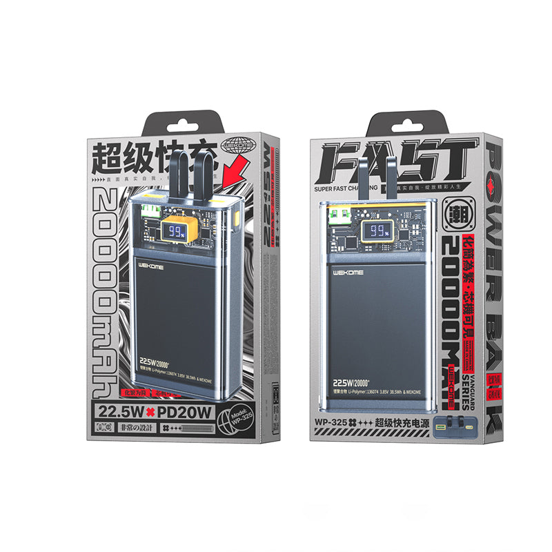 WEKOME WP-325 Vanguard Series – Powerbank 20000 mAh Super Charging mit integriertem USB-C & Lightning PD 20W Kabel + QC 22,5W (Schwarz / Transparent)