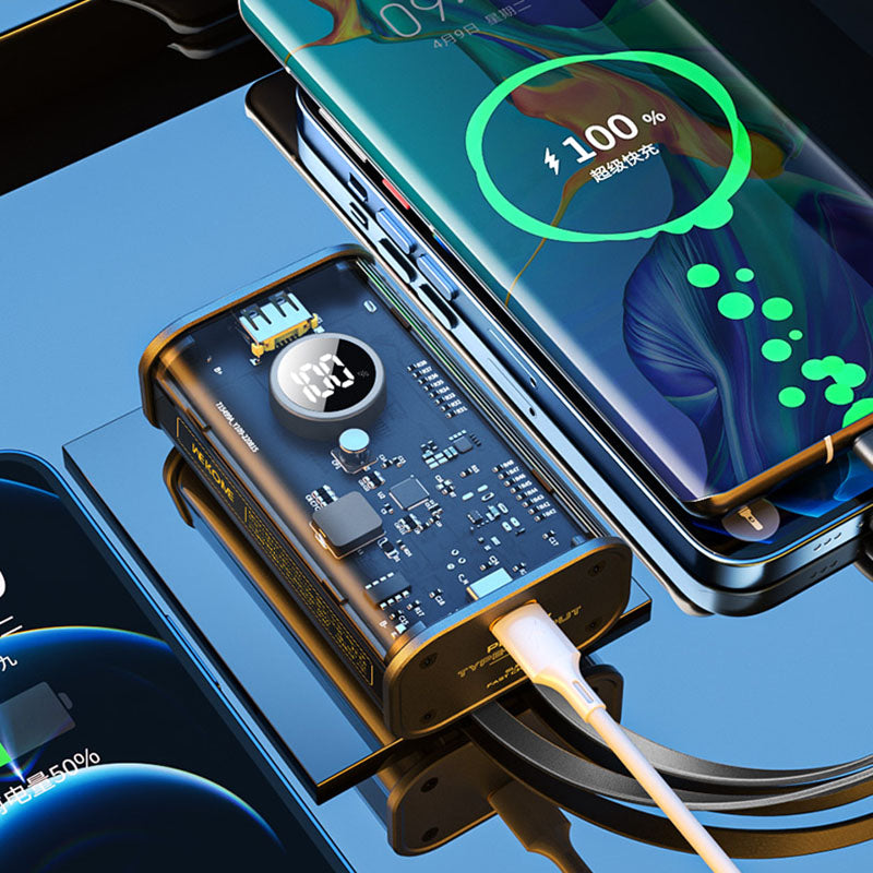 WEKOME WP-345 Vanguard-Serie – Powerbank 10000 mAh, Schnellladung mit integriertem USB-C und Lightning PD 20 W Kabel + QC 22,5 W (schwarz)