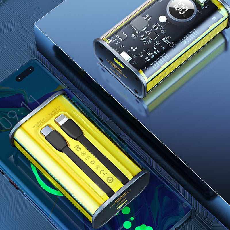 WEKOME WP-345 Vanguard-Serie – Powerbank 10000 mAh, Schnellladung mit integriertem USB-C und Lightning PD 20 W Kabel + QC 22,5 W (Gelb)