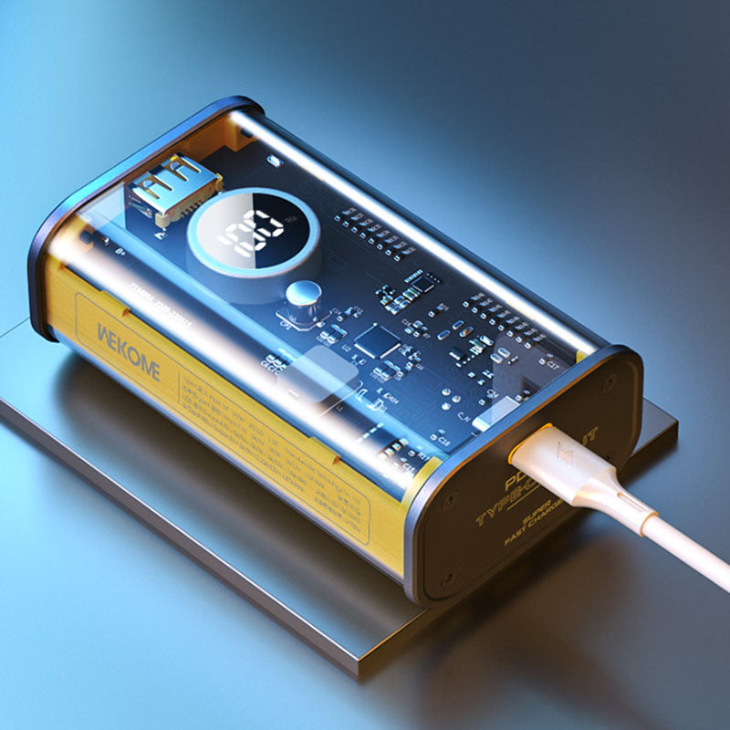 WEKOME WP-345 Vanguard-Serie – Powerbank 10000 mAh, Schnellladung mit integriertem USB-C und Lightning PD 20 W Kabel + QC 22,5 W (Gelb)