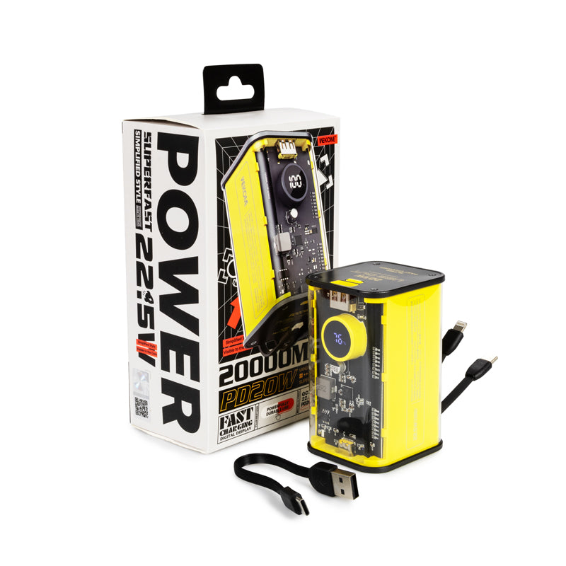 WEKOME WP-347 Vanguard-Serie – Powerbank 20000 mAh, superschnelles Laden mit integriertem USB-C PD 20 W und Lightning + USB-A QC3.0 22,5 W Kabel (Gelb)