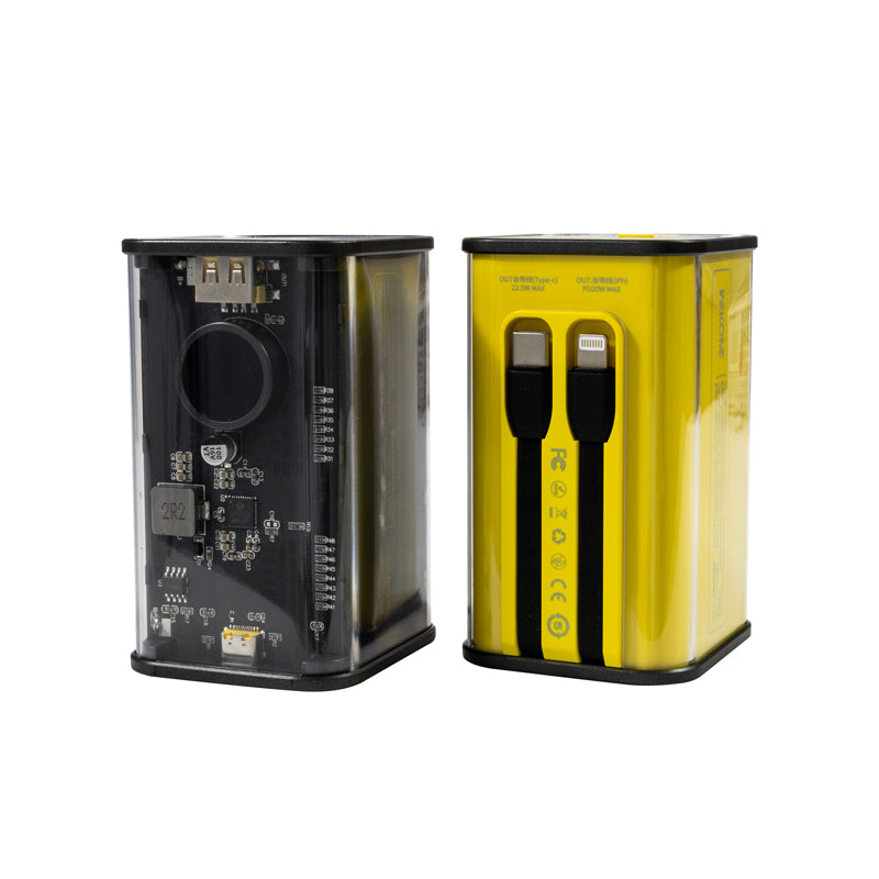 WEKOME WP-347 Vanguard-Serie – Powerbank 20000 mAh, superschnelles Laden mit integriertem USB-C PD 20 W und Lightning + USB-A QC3.0 22,5 W Kabel (Gelb)