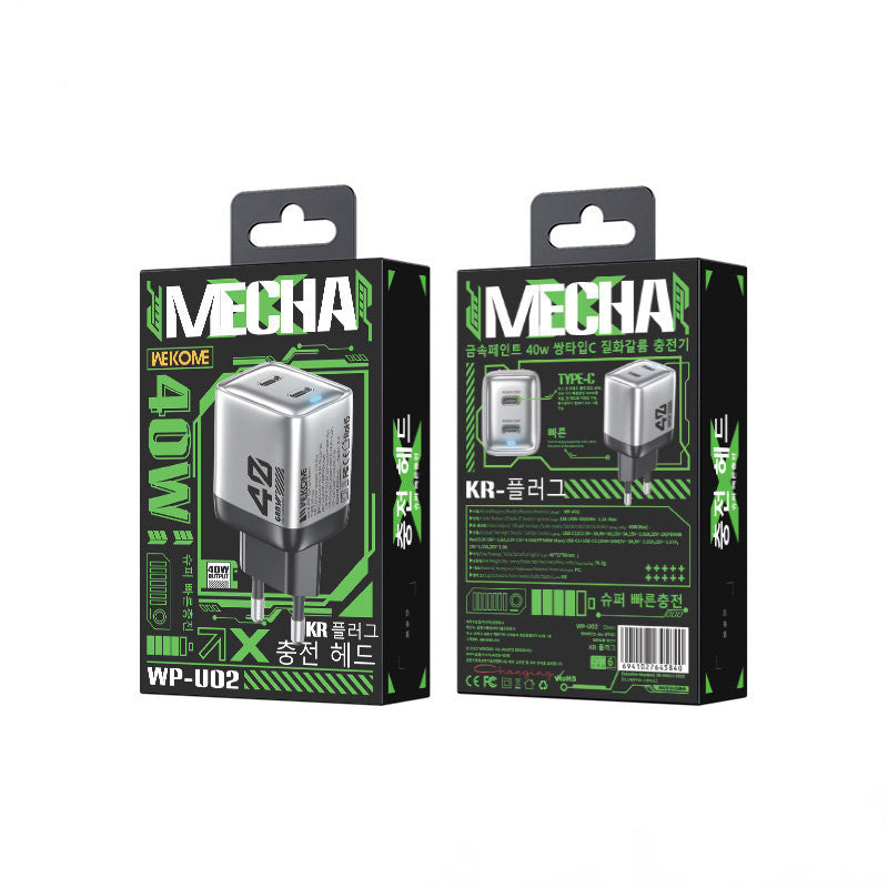 WEKOME WP-U02 Mecha Series - 2x USB-C Super Fast Charger GaN 40W mains charger (Silver)