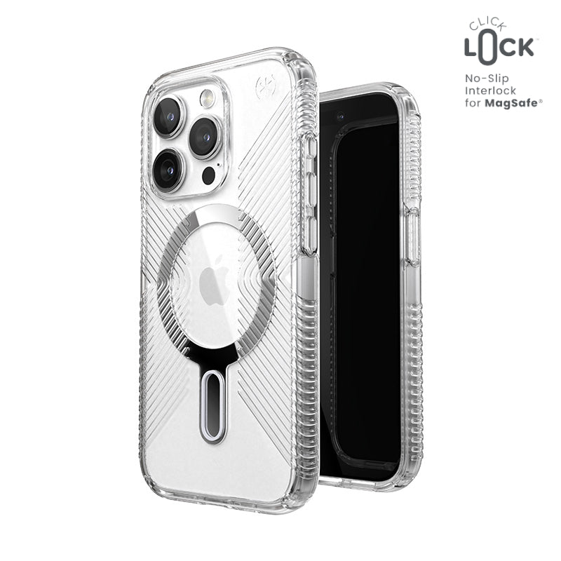 Speck Presidio Perfect-Clear Grip ClickLock & Magsafe - hoesje voor iPhone 15 Pro (helder / verchroomd / sereen zilver)