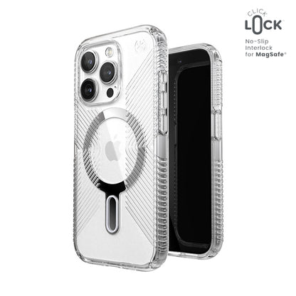 Speck Presidio Perfect-Clear Grip ClickLock &amp; Magsafe – Hülle für iPhone 15 Pro (Klar / Chrom-Finish / Serene Silver)