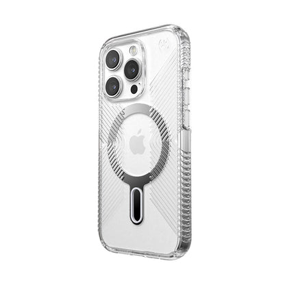 Speck Presidio Perfect-Clear Grip ClickLock &amp; Magsafe – Hülle für iPhone 15 Pro (Klar / Chrom-Finish / Serene Silver)