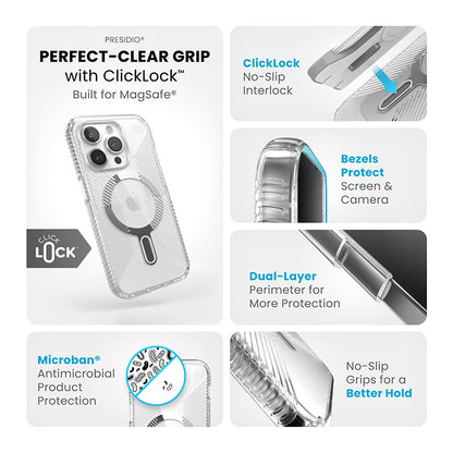 Speck Presidio Perfect-Clear Grip ClickLock &amp; Magsafe – Hülle für iPhone 15 Pro (Klar / Chrom-Finish / Serene Silver)