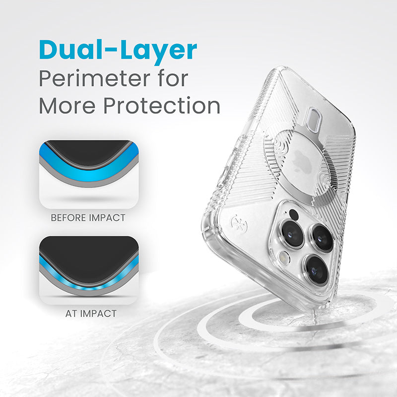 Speck Presidio Perfect-Clear Grip ClickLock & Magsafe - hoesje voor iPhone 15 Pro (helder / verchroomd / sereen zilver)