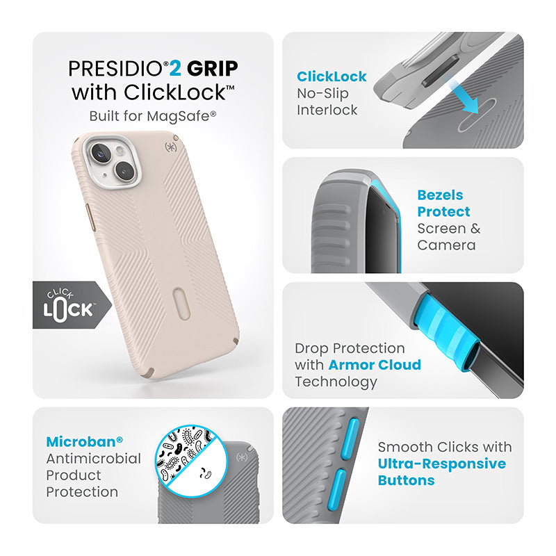 Speck Presidio2 Grip ClickLock & Magsafe – Hülle für iPhone 15 Plus / iPhone 14 Plus (Bleached Bone / Heirloom Gold / Hazel Brown)