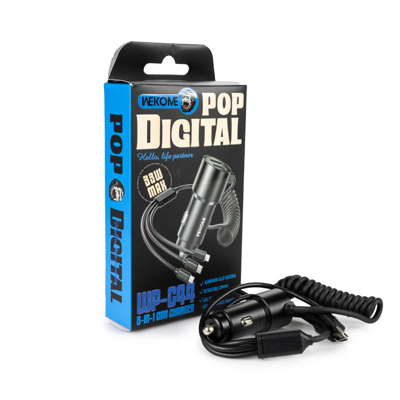 WEKOME WP-C44 Pop Digital Series - Car charger with integrated 3-in-1 USB-C / Lightning / Micro USB + 2x USB-A 33W cable (Black)