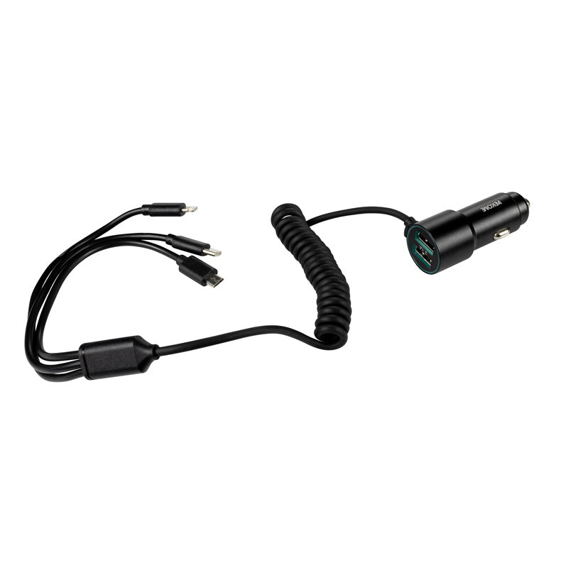 WEKOME WP-C44 Pop Digital Series - Car charger with integrated 3-in-1 USB-C / Lightning / Micro USB + 2x USB-A 33W cable (Black)