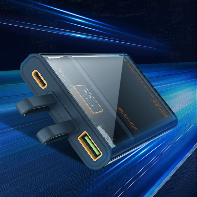 WEKOME WP-325 Vanguard Series – Powerbank 20000 mAh Super Charging mit integriertem USB-C & Lightning PD 20W Kabel + QC 22,5W (Schwarz / Transparent)