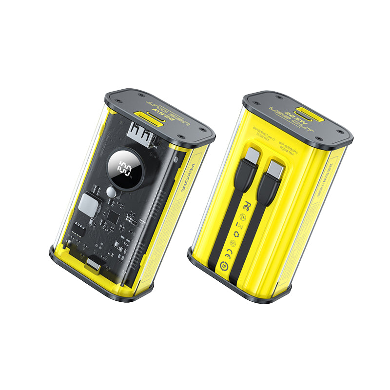 WEKOME WP-345 Vanguard-Serie – Powerbank 10000 mAh, Schnellladung mit integriertem USB-C und Lightning PD 20 W Kabel + QC 22,5 W (Gelb)