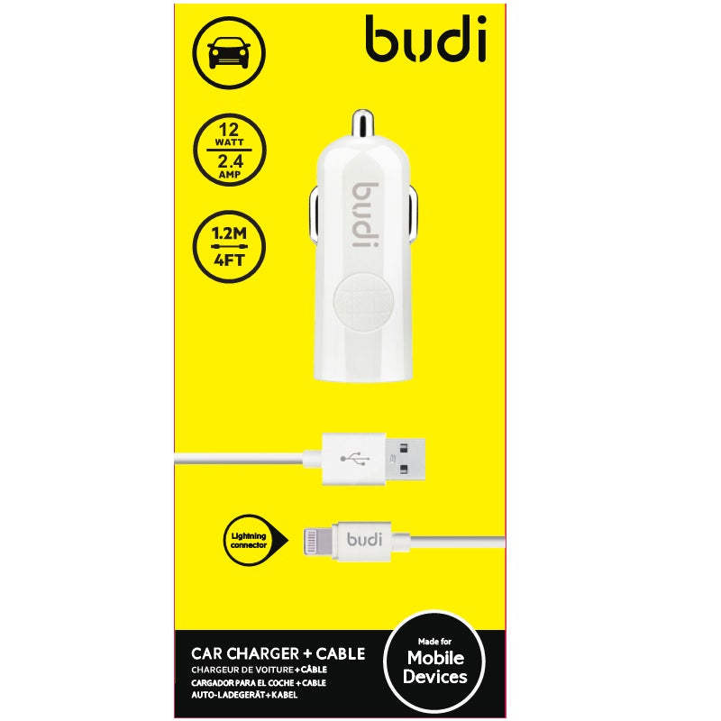 Budi – 1 USB-Autoladegerät mit LED-Anzeige + Lightning-Kabel