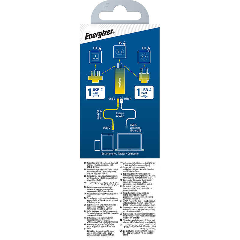 Energizer Ultimate – Multiplug EU/UK/US GaN USB-C &amp; USB-A 65W PD-Netzladegerät + USB-C-Kabel (Schwarz)