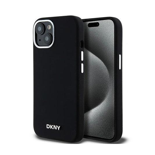 DKNY Liquid Silicone Small Metal Logo MagSafe - Hoesje voor iPhone 15 Plus / 14 Plus (zwart)