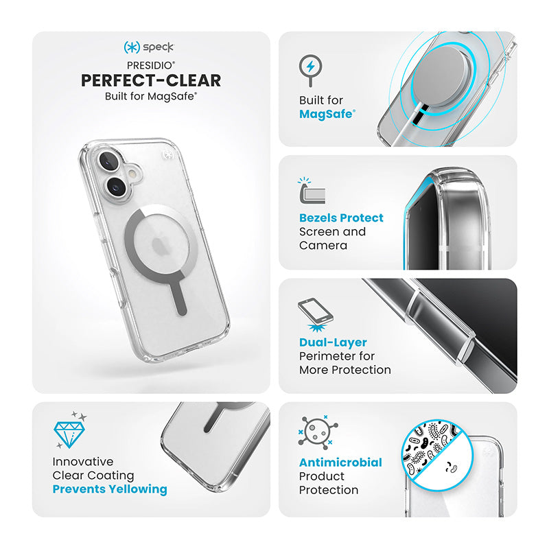 Speck Presidio Perfect-Clear MagSafe - Hoesje voor iPhone 16 (Transparant / Chromen afwerking / Serene Silver)