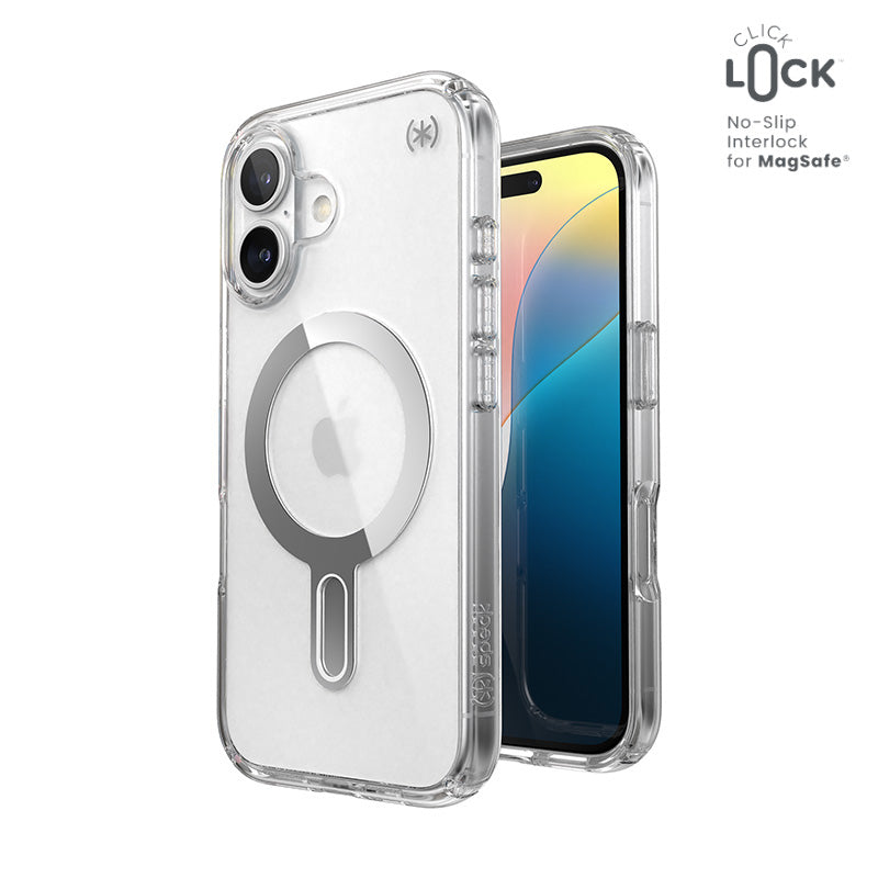 Speck Presidio Perfect-Clear ClickLock &amp; MagSafe - Hoesje voor iPhone 16 (Transparant / Chromen afwerking / Serene Silver)