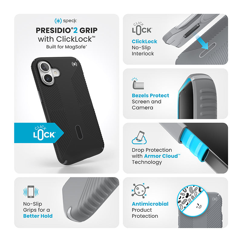 Speck Presidio2 Grip ClickLock &amp; MagSafe - Hoesje voor iPhone 16 Plus (Zwart / Leigrijs / Wit)