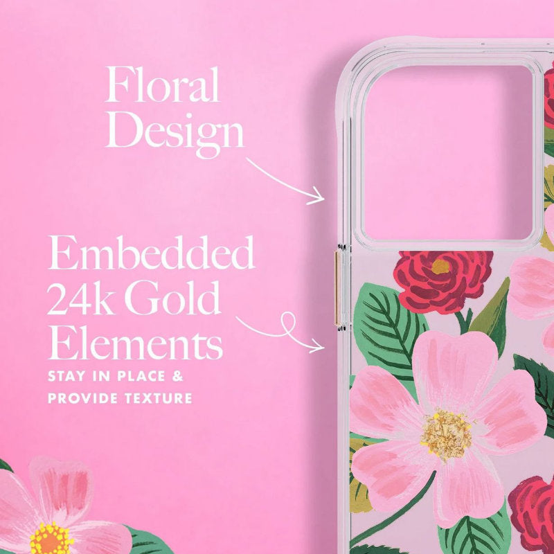 Rifle Paper Clear - Hoesje gedecoreerd in goud voor iPhone 14 / iPhone 13 (Rose Garden)