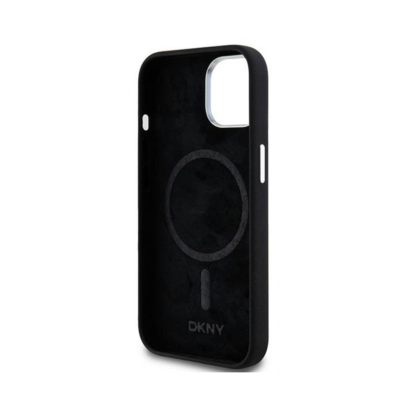 DKNY Liquid Silicone Small Metal Logo MagSafe - Hoesje voor iPhone 15 Plus / 14 Plus (zwart)