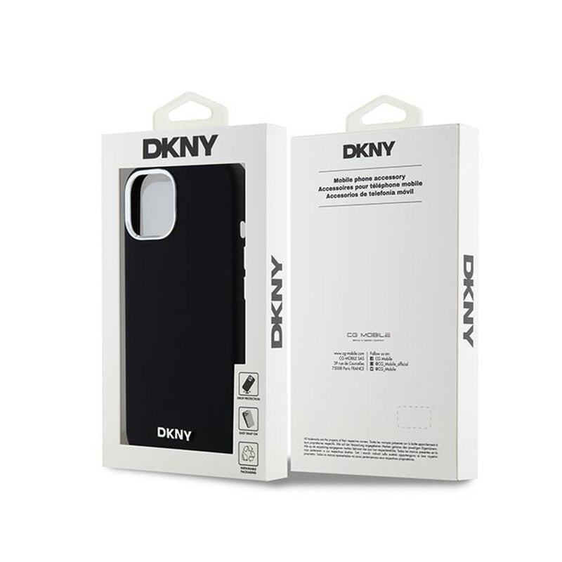 DKNY Liquid Silicone Small Metal Logo MagSafe - Hoesje voor iPhone 15 Plus / 14 Plus (zwart)