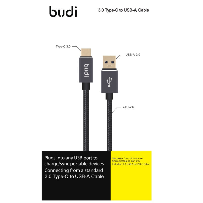 Budi - 3.0 USB-A naar USB C-kabel. kan een stroom van 3,0 A doorgeven. Vergulde connector.