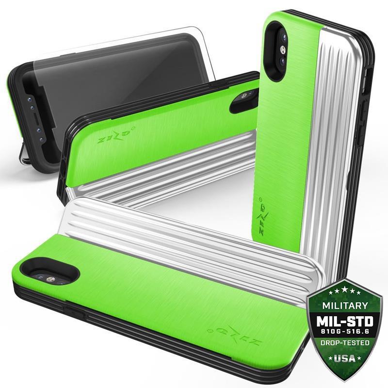 Zizo Retro Series – Brieftaschenrückseite mit Magnetverschluss und integriertem Ständer für iPhone Xs/X (Neongrün/Silber)