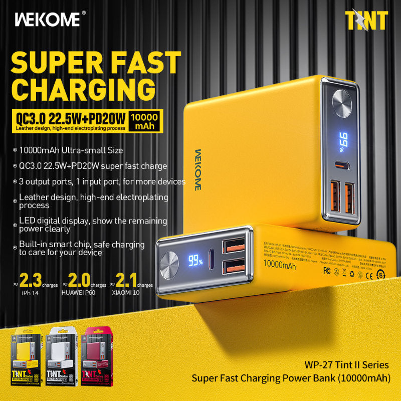 WEKOME WP-27 Tint-serie - Powerbank 10000 mAh Supersnel opladen USB-C PD 20W + 2x USB-A QC3.0 22,5W (wit)