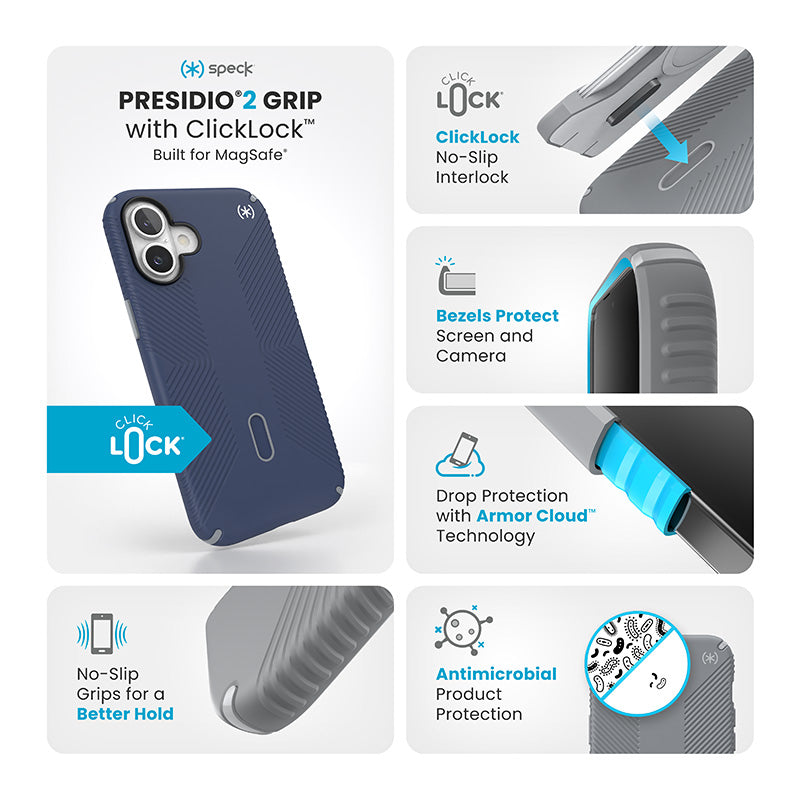 Speck Presidio2 Grip ClickLock &amp; MagSafe - Hoesje voor iPhone 16 Plus (Coastal Blue / Dust Grey / Wit)