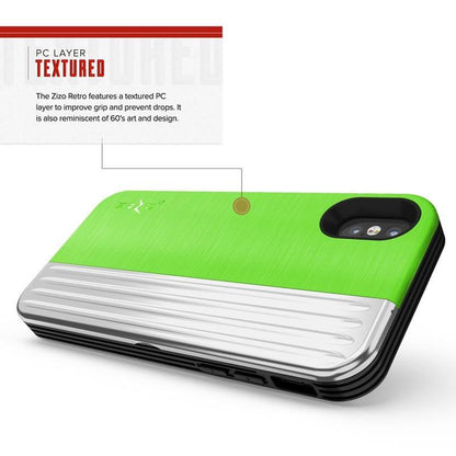 Zizo Retro Series – Brieftaschenrückseite mit Magnetverschluss und integriertem Ständer für iPhone Xs/X (Neongrün/Silber)