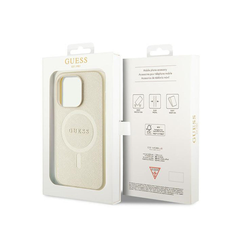 Guess Saffiano MagSafe - iPhone 15 Pro hoesje (goud)