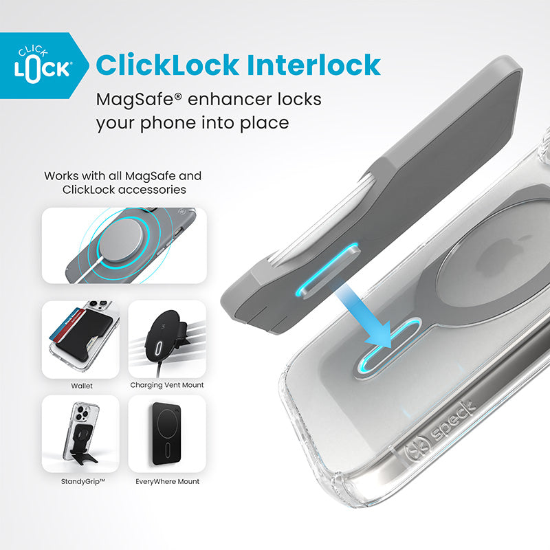 Speck Presidio Perfect-Clear ClickLock &amp; MagSafe - Hoesje voor iPhone 16 Pro (Transparant / Chromen afwerking / Serene Silver)