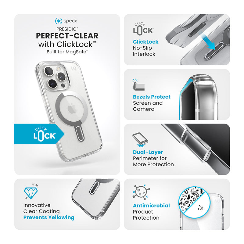 Speck Presidio Perfect-Clear ClickLock &amp; MagSafe - Hoesje voor iPhone 16 Pro (Transparant / Chromen afwerking / Serene Silver)