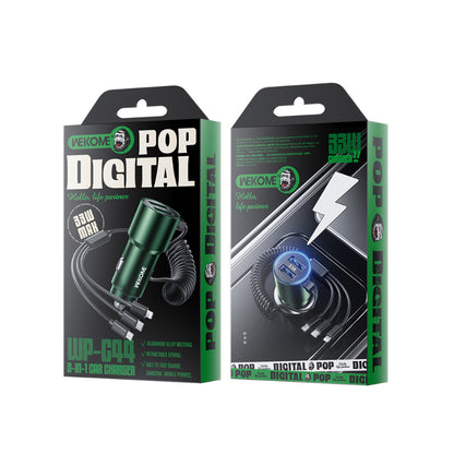 WEKOME WP-C44 Pop Digital Series - Car charger with integrated 3-in-1 USB-C / Lightning / Micro USB + 2x USB-A 33W cable (Black)