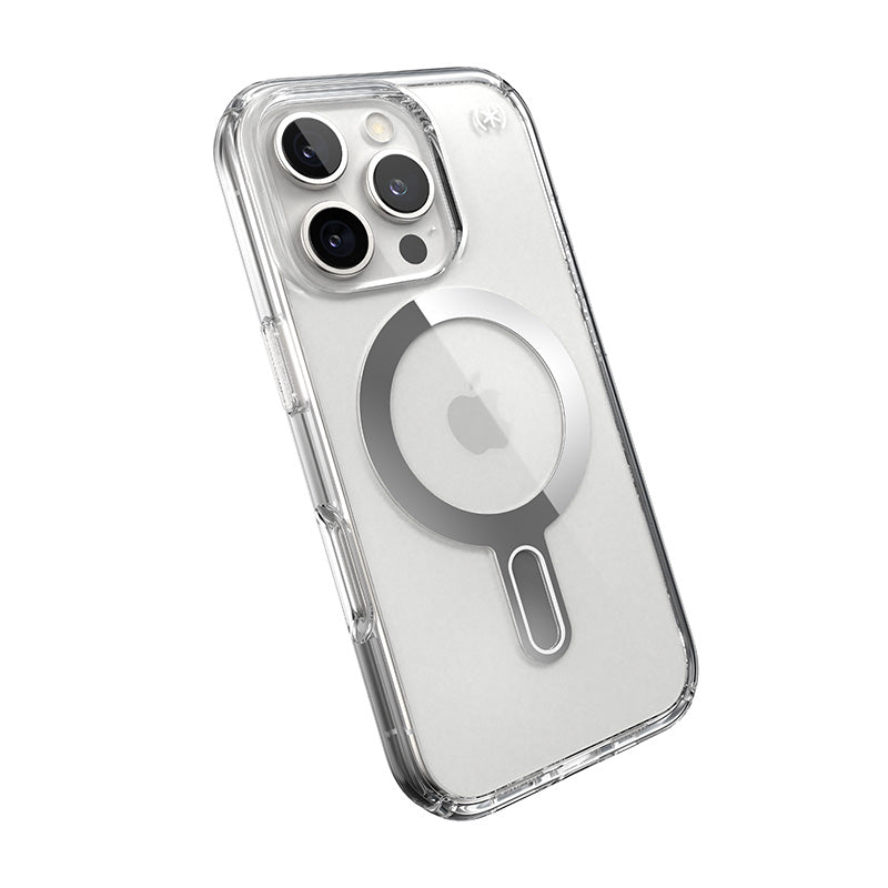 Speck Presidio Perfect-Clear ClickLock &amp; MagSafe - Hoesje voor iPhone 16 Pro (Transparant / Chromen afwerking / Serene Silver)