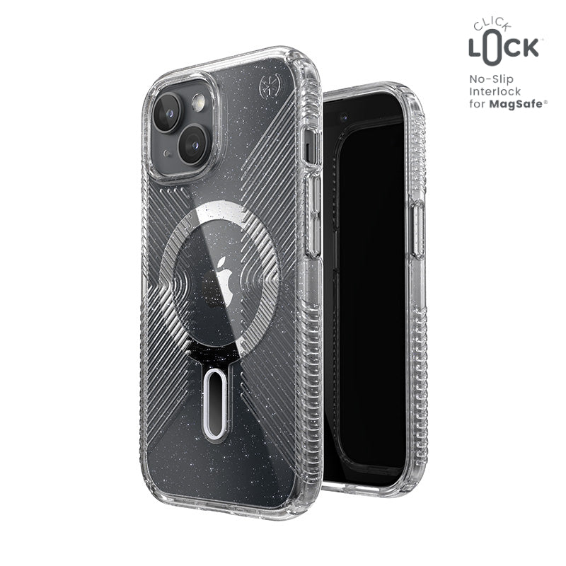 Speck Presidio Lux Grip ClickLock & Magsafe - Case for iPhone 15 / iPhone 14 / iPhone 13 (Clear / Platinium Glitter / Chrome Finish / Serene Silver)